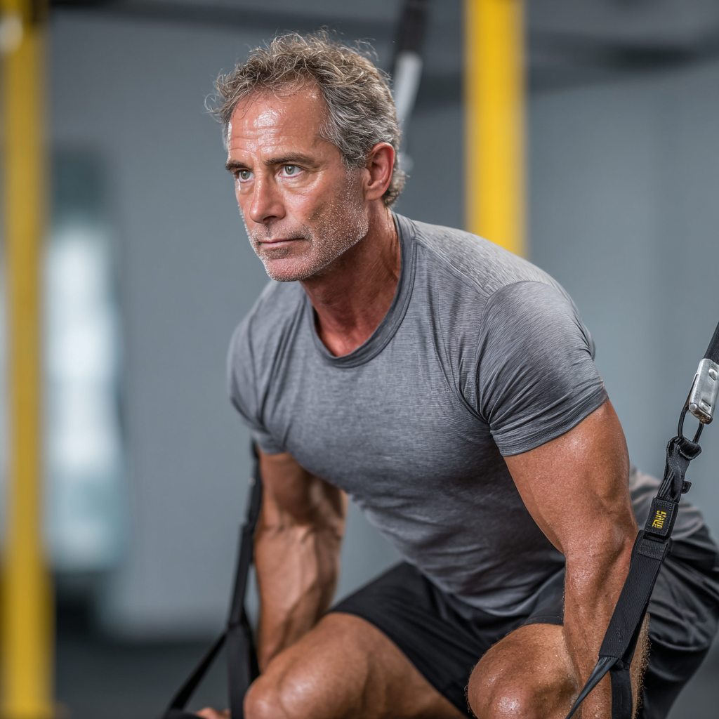 Чоловік 58 років виконує функціональні вправи в сучасному фітнес-залі, демонструючи правильну техніку та концентрацію