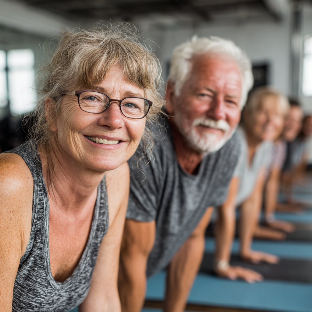 Група людей віком 50-60 років разом виконують вправи на килимках у світлій студії, усміхаючись та підтримуючи один одного