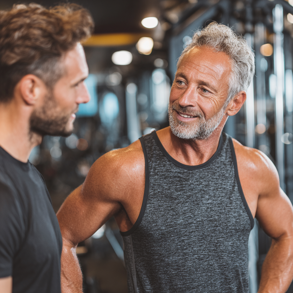 Досвідчений тренер віком 52 роки консультує клієнтку, показуючи правильну техніку виконання вправи у friendly атмосфері спортзалу