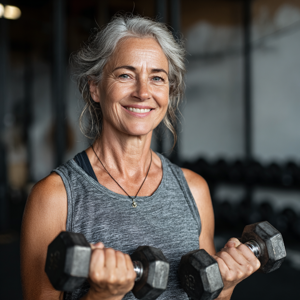 Енергійна жінка 55 років з посмішкою стоїть у спортивному залі, тримаючи гантелі, демонструючи силу та впевненість